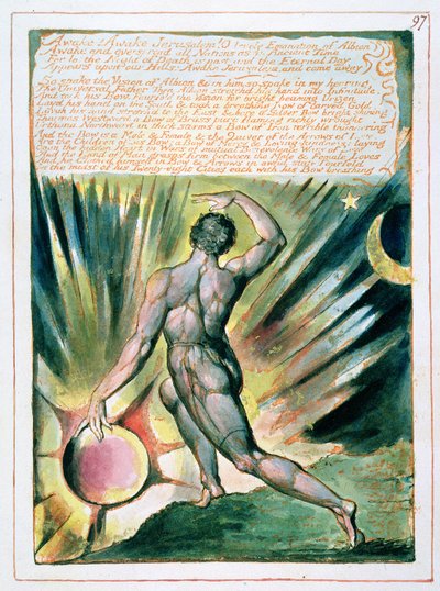 &39;مستيقظ! استيقظت القدس ... "، اللوحة 97 من" القدس "(Bentley Copy E) 1804-20 (نقش بارز مطبوع باللون البرتقالي مع قلم ومرحاض وذهب) بواسطة وليام بليك